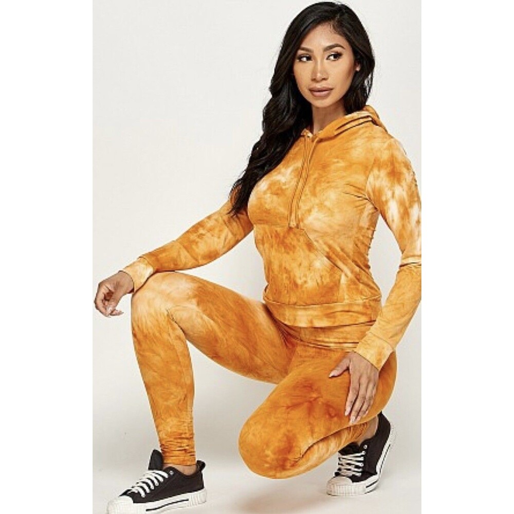 Tie Dye Mustard Print long sleeve Hoodie & Pocket & Yoga Leggings Set. L/XL